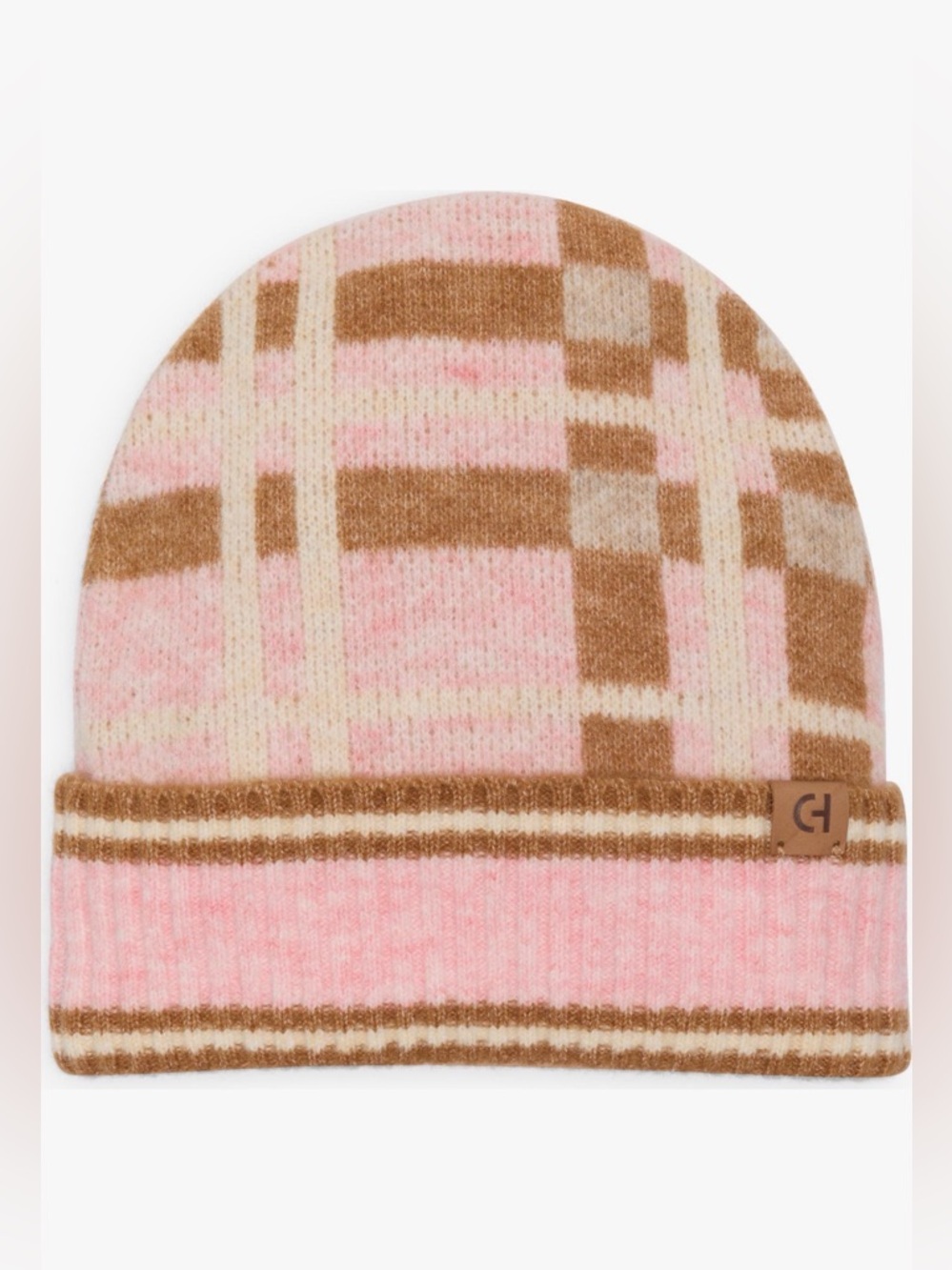 Cole Haan Tan and Pink Sweater Knit Plaid Cuffed Beanie OS NWT